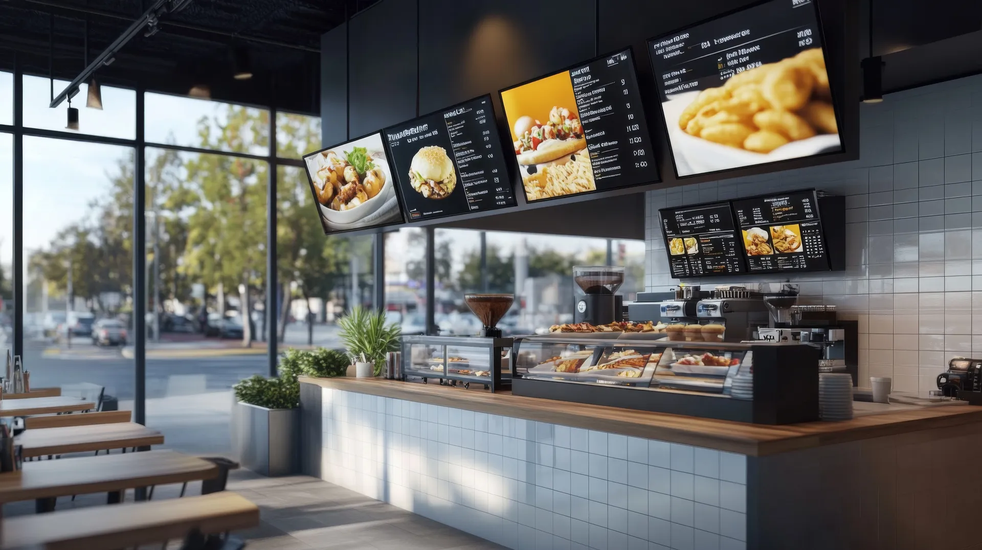 Mehrere Digital Signage Bildschirme über der Theke einer Bäckerei montiert