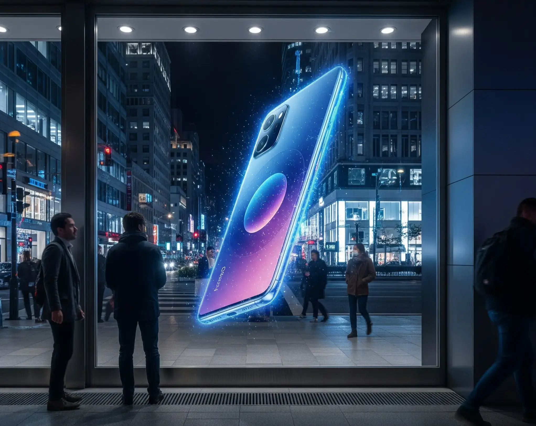 Das Bild zeigt ein holografisches Display in einem modernen Schaufenster, das ein schickes neues Smartphone präsentiert. Das holografische Bild des Smartphones schwebt im Fenster, mit außergewöhnlicher 3D-Schärfe und einem subtilen Schimmereffekt. Es präsentiert sein elegantes Design und seine Funktionen vor dem Hintergrund einer nächtlichen Stadtlandschaft. Passanten bleiben stehen und staunen, fasziniert von der faszinierenden Produktpräsentation, die dem Laden eine magische Atmosphäre verleiht. Die Szene ist in einer Totalen aus der Straßenperspektive mit Blick ins Schaufenster eingefangen. Die Beleuchtung kombiniert die hellen Lichter des Fensters mit dem sanften Schein des holografischen Displays und schafft so einen eindrucksvollen Blickfang vor der pulsierenden Stadtlandschaft.